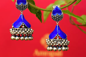 Buy blue enamel silver Amrapali jhumka earrings online from Pure Elegance. Our fashion store brings alluring range of Indian silver gold plated earrings in USA for women.-closeup