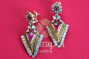 Traditional Silver gold plated fashion Earring with white and pink glass. Perfect buy for wedding parties to match with your outfit. - full view