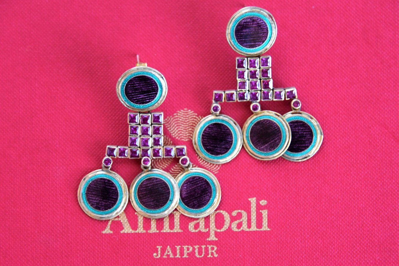 Silver gold plated Indian fashion earring with purple enamel and zircon. Great for western as well as Indian wear- front view