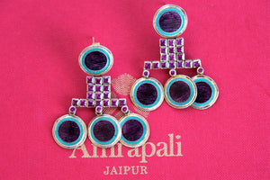 Silver gold plated Indian fashion earring with purple enamel and zircon. Great for western as well as Indian wear- front view