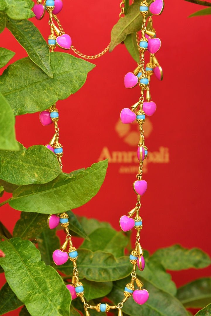Buy silver gold plated pink and blue Amrapali necklace online in USA. Pure Elegance fashion store brings an exquisite collection of Indian fashion jewelry in USA.-closeup