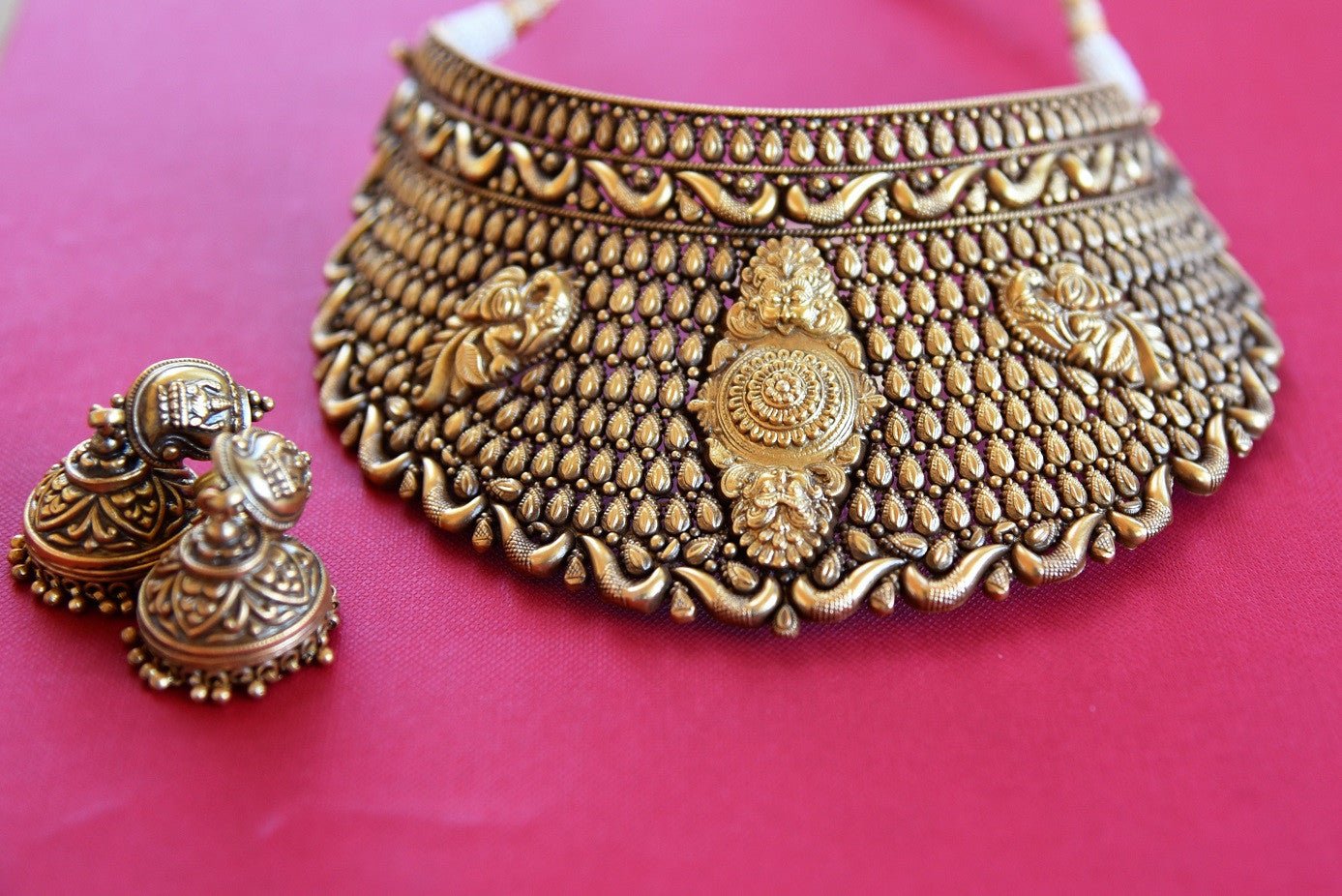 Indian Silver Gold Plated Textured Peacock Choker Necklace Jhumka Set- Detailed design