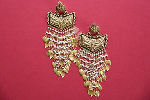 Silver gold plated big Amrapali's traditional earrings with pearls handing in strands.-full view