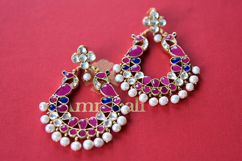 Silver gold plated amrapali earrings with pink and blue stone. Chand Bali design earrings. - full view