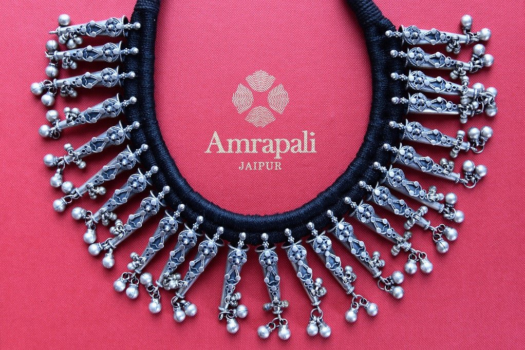 Buy beautiful silver Amrapali thread necklace online from Pure Elegance or visit our store in USA. Shop handcrafted silver Indian jewellery online for various occasions.-closeup