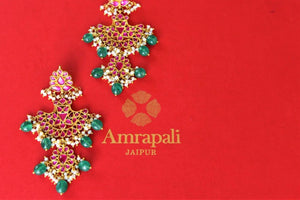 Buy silver gold plated Amrapali red glass earrings online USA with pearls and emerald drops. Shop traditional Indian earrings from Pure Elegance store in USA.-closeup
