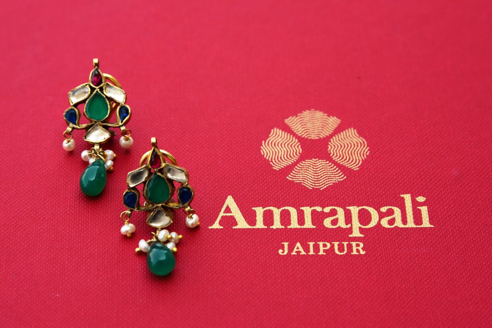 Buy silver gold plated Amrapali Glass Stud Earrings online USA with pearl drops. Pure Elegance store brings ethnic Indian earrings online for women in USA. Shop now.-closeup