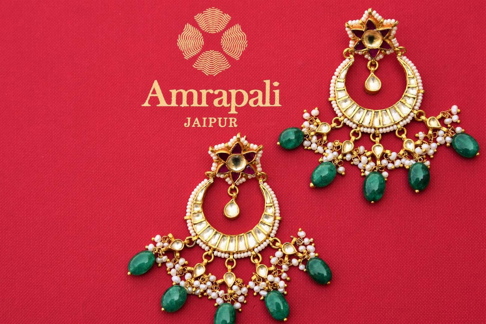 Buy silver gold plated Amrapali Glass Chandbali Earrings online in USA with pearl drops. Pure Elegance store brings gold plated Indian jewelry online for women.-closeup