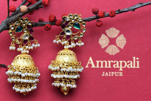 Buy silver gold plated glass jhumka with pearls and peacock design online from Pure Elegance. Our store brings exclusively curated Indian earrings online in USA.-closeup