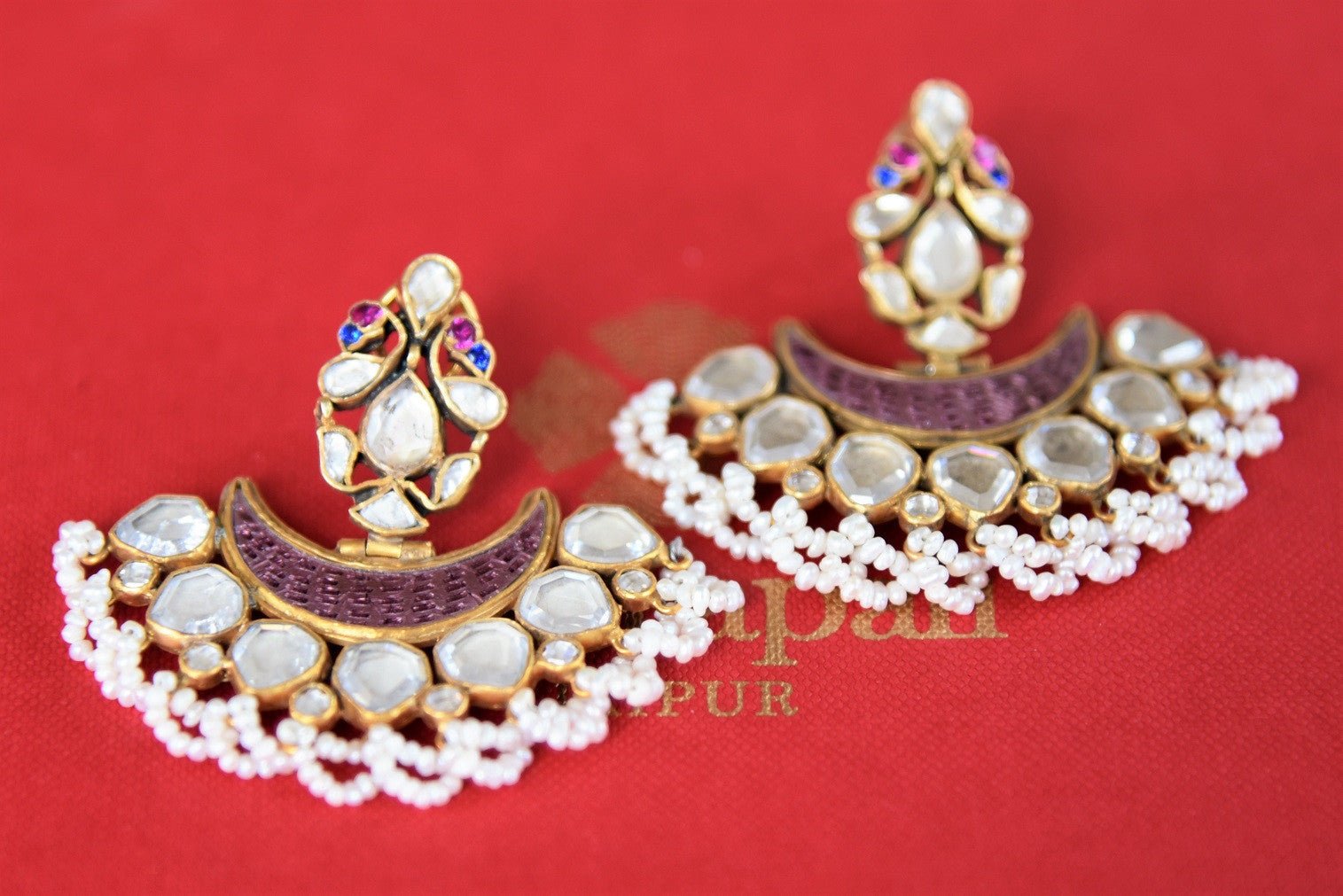 20B269 Silver Gold Plated Crescent Shape Amrapali Glass And Pearl Earrings
