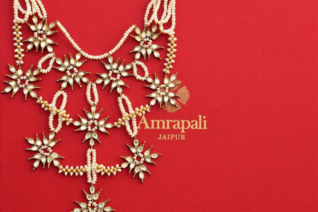 Buy silver gold plated layered pearl Amrapali necklace online in USA with floral glass motifs. Pure Elegance store brings a fine collection of Indian jewelry online for women.-closeup