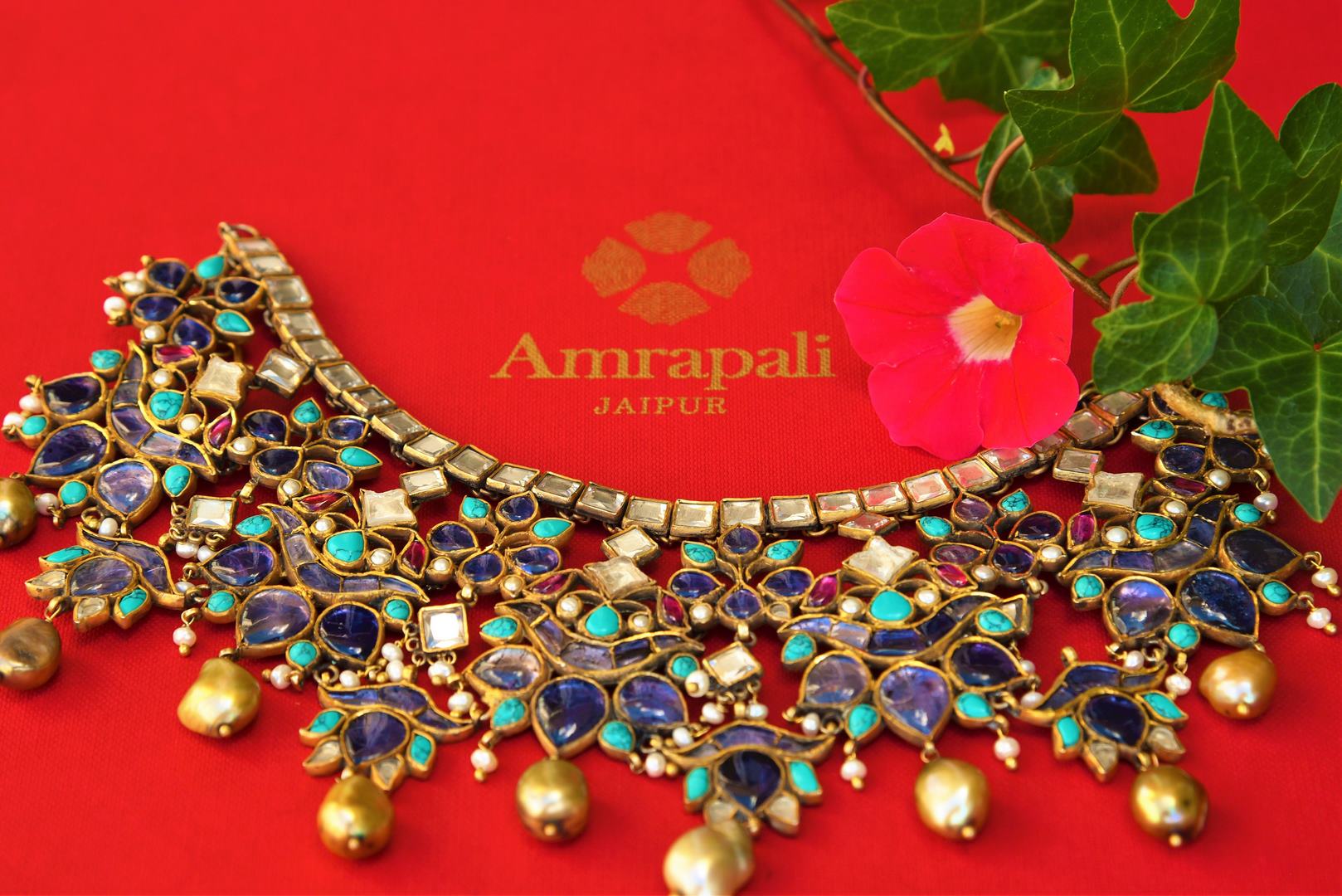 Buy silver gold plated blue glass Amrapali Necklace online in USA. Pure Elegance store brings an exquisite range of Indian gold plated jewelry online in USA. Shop online.-closeup