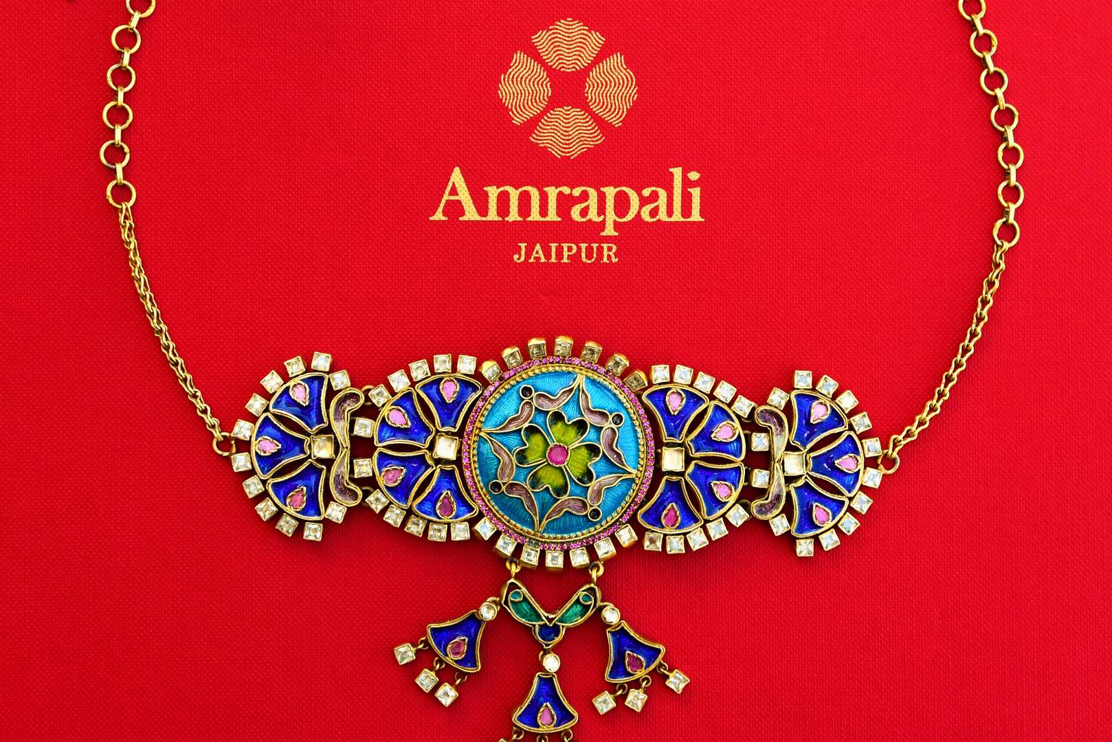 Buy silver gold plated Amrapali enamel necklace online in USA at Pure Elegance. Our fashion store brings an exquisite collection of Indian silver necklaces for women in USA.-full view