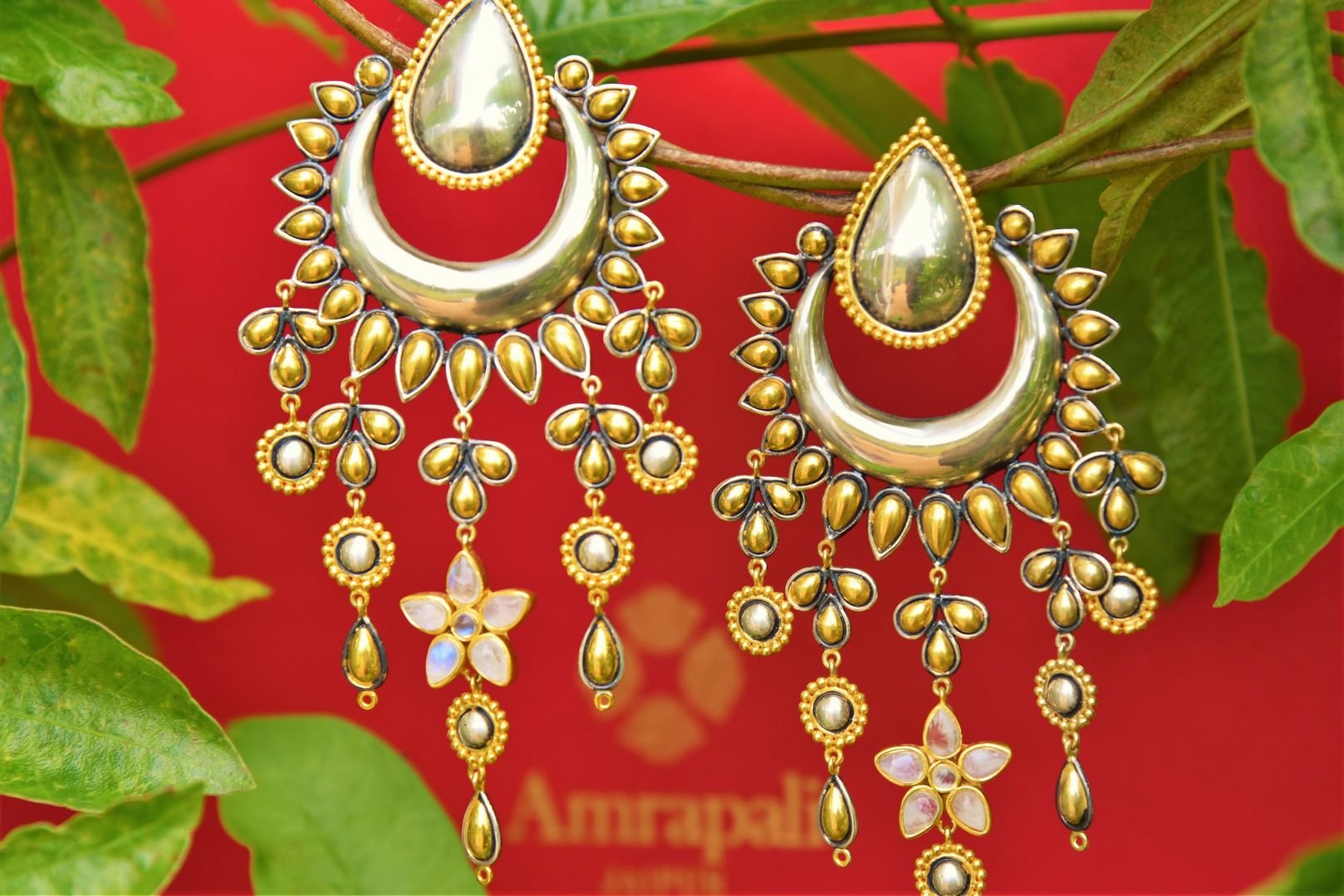 Buy Amrapali silver gold plated tribal earrings online in USA. Pure Elegance fashion store brings an exquisite collection of ethnic Indian silver jewelry in USA. -closeup