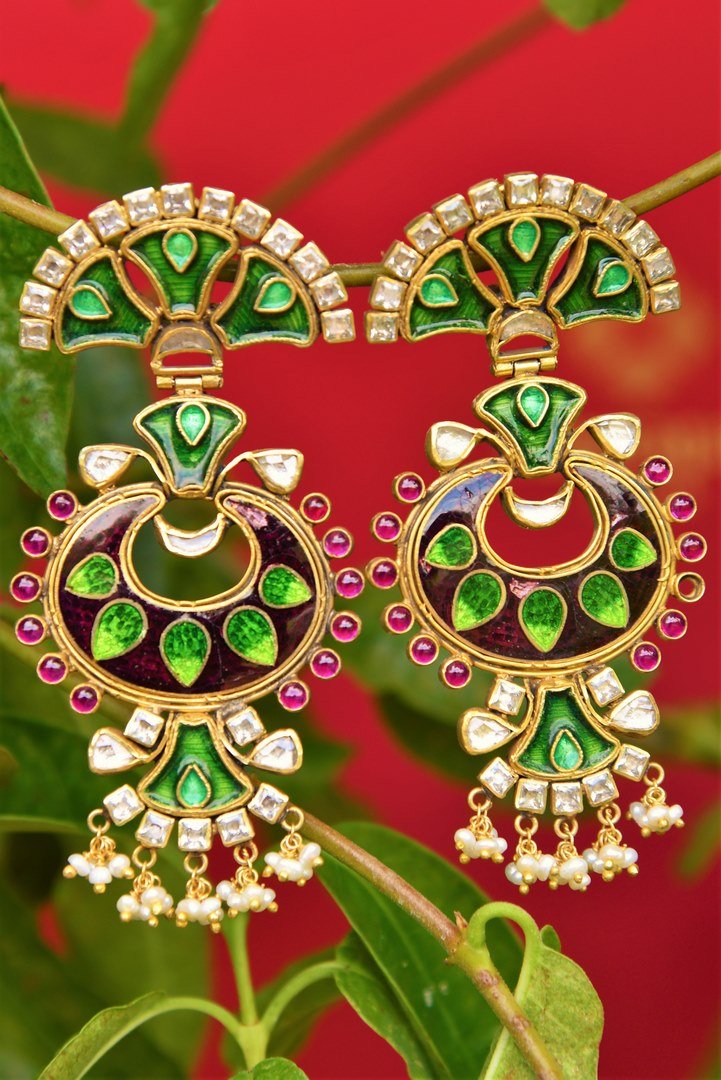 Buy online silver gold plated enamel glass Amrapali earrings in USA with pearl drops. Pure Elegance fashion store brings an exquisite range of Indian silver gold plated jewelry in USA.-closeup