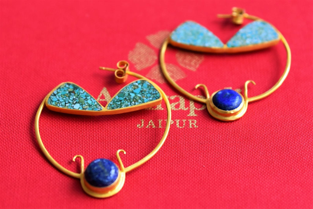 Shop silver gold plated Amrapali blue stone hoop online in USA. Pure Elegance fashion store brings an alluring range of Indian fashion earrings in USA for women.-closeup
