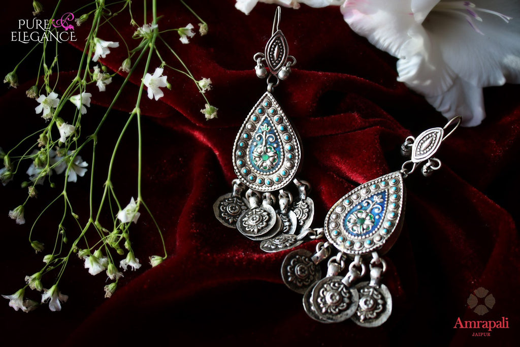 Buy Silver Turquoise Jhumka Earrings online in USA from Amrapali.  If you are looking for Indian silver earrings in USA, then Pure Elegance Indian fashion store is the place for you. A whole range of exquisite of ethnic Indian jewelry is waiting for you on our shelves, you can also opt to shop online.-flat lay