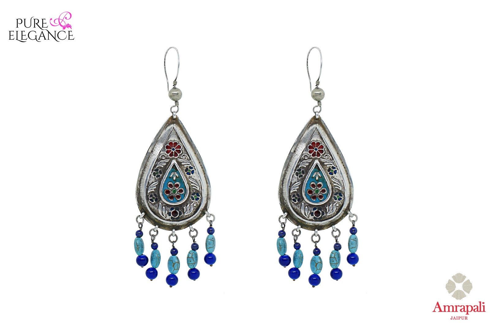 Buy Silver Turquoise and Lapis Drop Earrings online in USA from Amrapali.  If you are looking for Indian silver earrings in USA, then Pure Elegance Indian fashion store is the place for you. A whole range of exquisite of ethnic Indian jewelry is waiting for you on our shelves, you can also opt to shop online. -full view