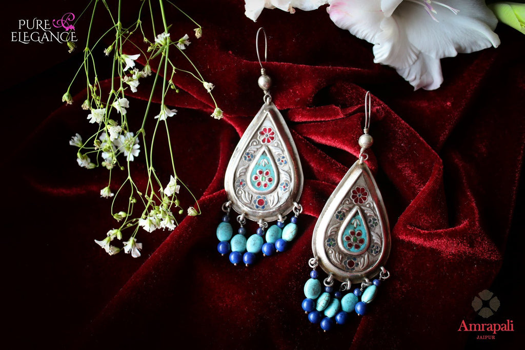 Buy Silver Turquoise and Lapis Drop Earrings online in USA from Amrapali.  If you are looking for Indian silver earrings in USA, then Pure Elegance Indian fashion store is the place for you. A whole range of exquisite of ethnic Indian jewelry is waiting for you on our shelves, you can also opt to shop online.-flat lay