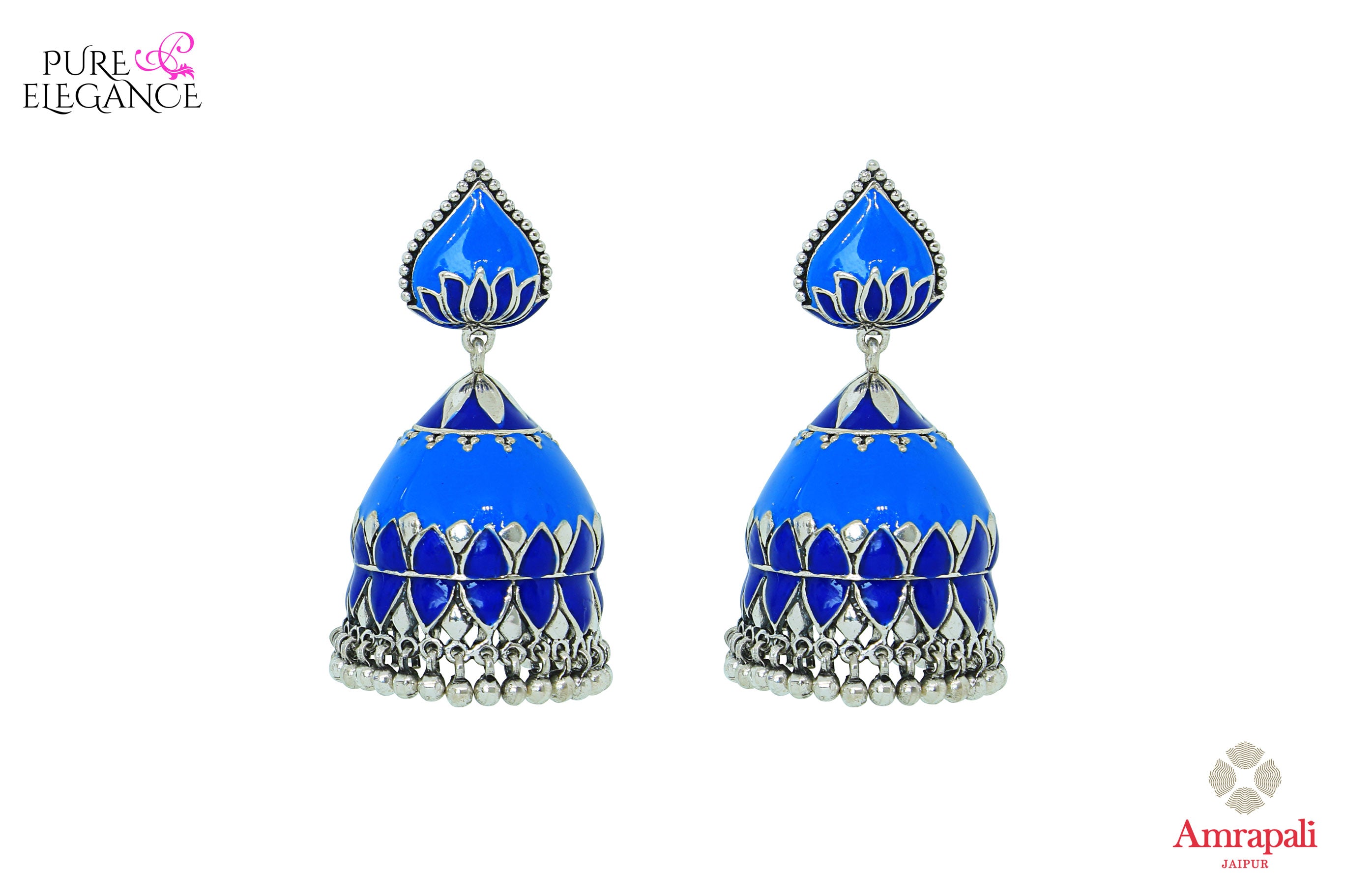 Shop Amrapali silver blue enamel jhumka earrings online in USA. Find an exquisite collection of handcrafted Indian jewelry in USA at Pure Elegance Indian fashion store. Complete your festive look with beautiful silver gold plated necklaces, silver gold plated earrings, silver jewelry from our online store.-front