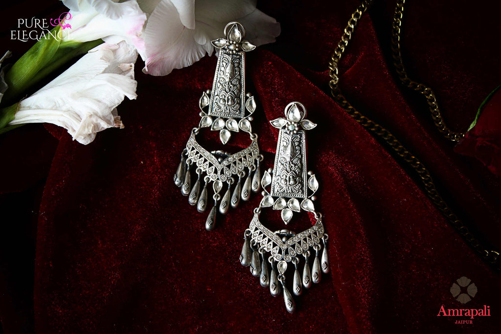 Buy Amrapali silver glass earrings online in USA. Find an exquisite collection of handcrafted Indian jewelry in USA at Pure Elegance Indian fashion store. Complete your festive look with beautiful silver gold plated necklaces, silver gold plated earrings, silver jewelry from our online store.-flatlay