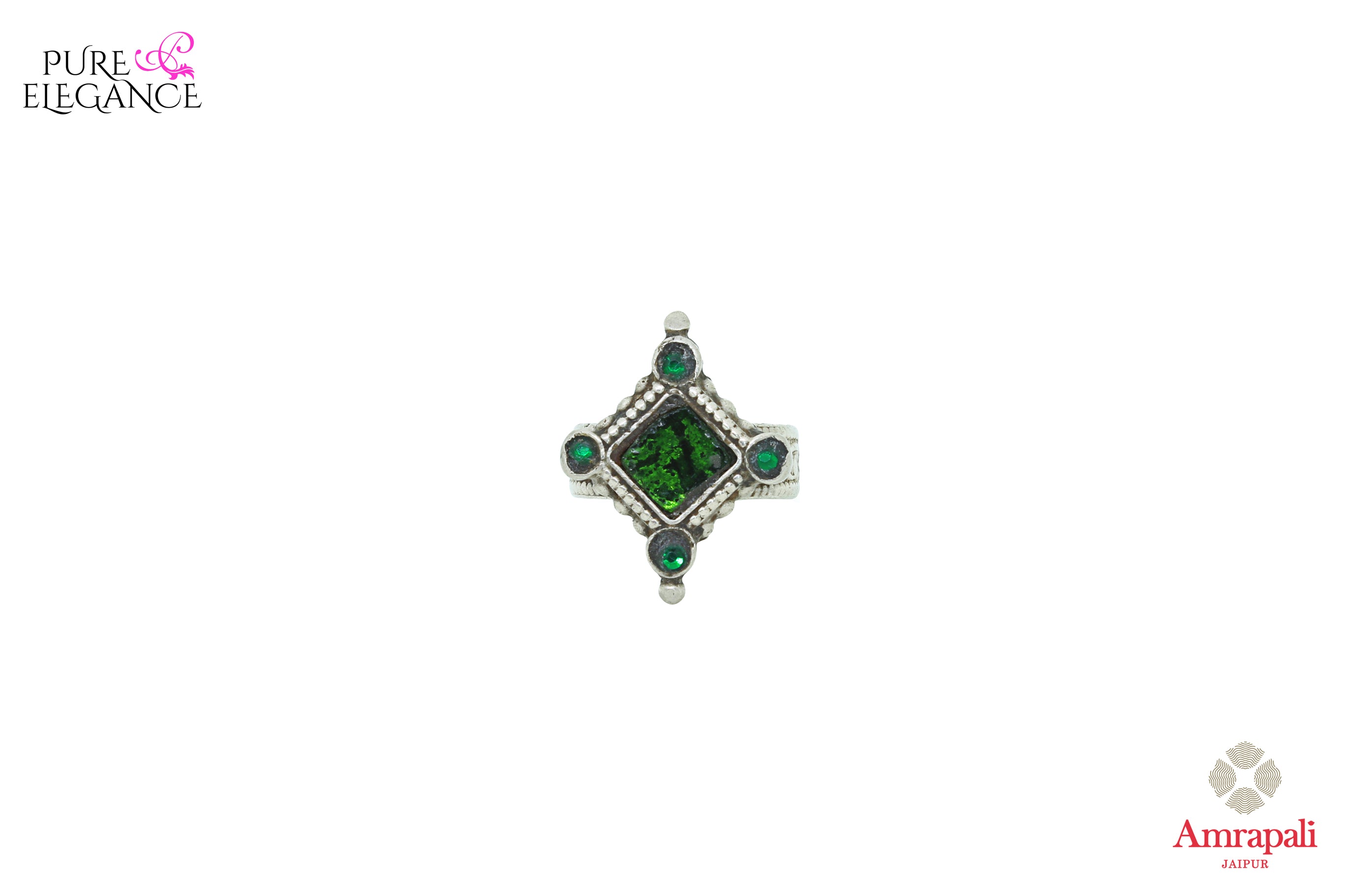 Buy Amrapali silver ring online in USA with green stone. An exquisite collection of traditional Indian silver jewellery is waiting for you at Pure Elegance exclusive Indian fashion store in USA or shop online at the comfort of your home.-front view