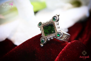 Buy Amrapali silver ring online in USA with green stone. An exquisite collection of traditional Indian silver jewellery is waiting for you at Pure Elegance exclusive Indian fashion store in USA or shop online at the comfort of your home.-full view