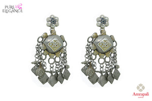 Shop silver handcrafted tribal earrings with tassels online in USA. Find an exquisite collection of handcrafted Indian jewelry in USA at Pure Elegance Indian fashion store. Complete your festive look with beautiful silver gold plated necklaces, silver gold plated earrings, silver jewelry from our online store.-front