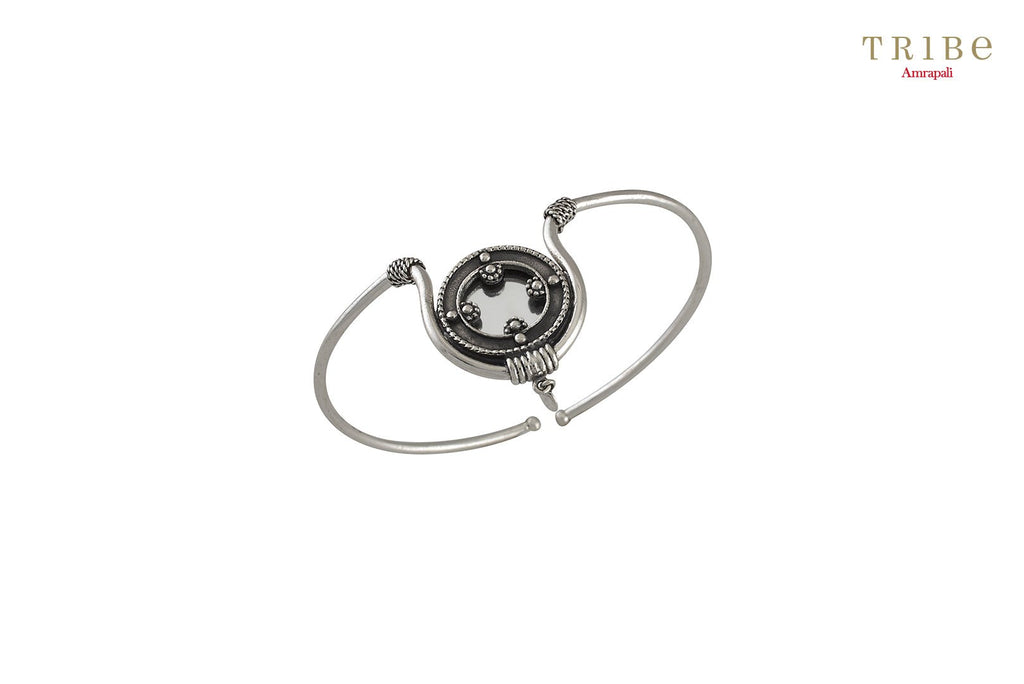 Shop Silver Oxidized Round Rawa Textured Mirror Armlet online in USA by Amrapali. Adorn your Indian traditional look with an exquisite range of Indian silver gold plated jewelry available at Pure Elegance fashion store in USA or shop online. -full view
