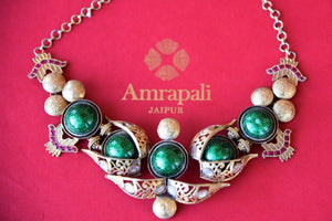 Shop silver gold plated Amrapali statement necklace online in USA with green beads. Add spark to your ethnic attires with beautiful Indian jewelry, wedding jewelry, silver gold plated necklaces from Pure Elegance Indian fashion store in USA.-flatlay