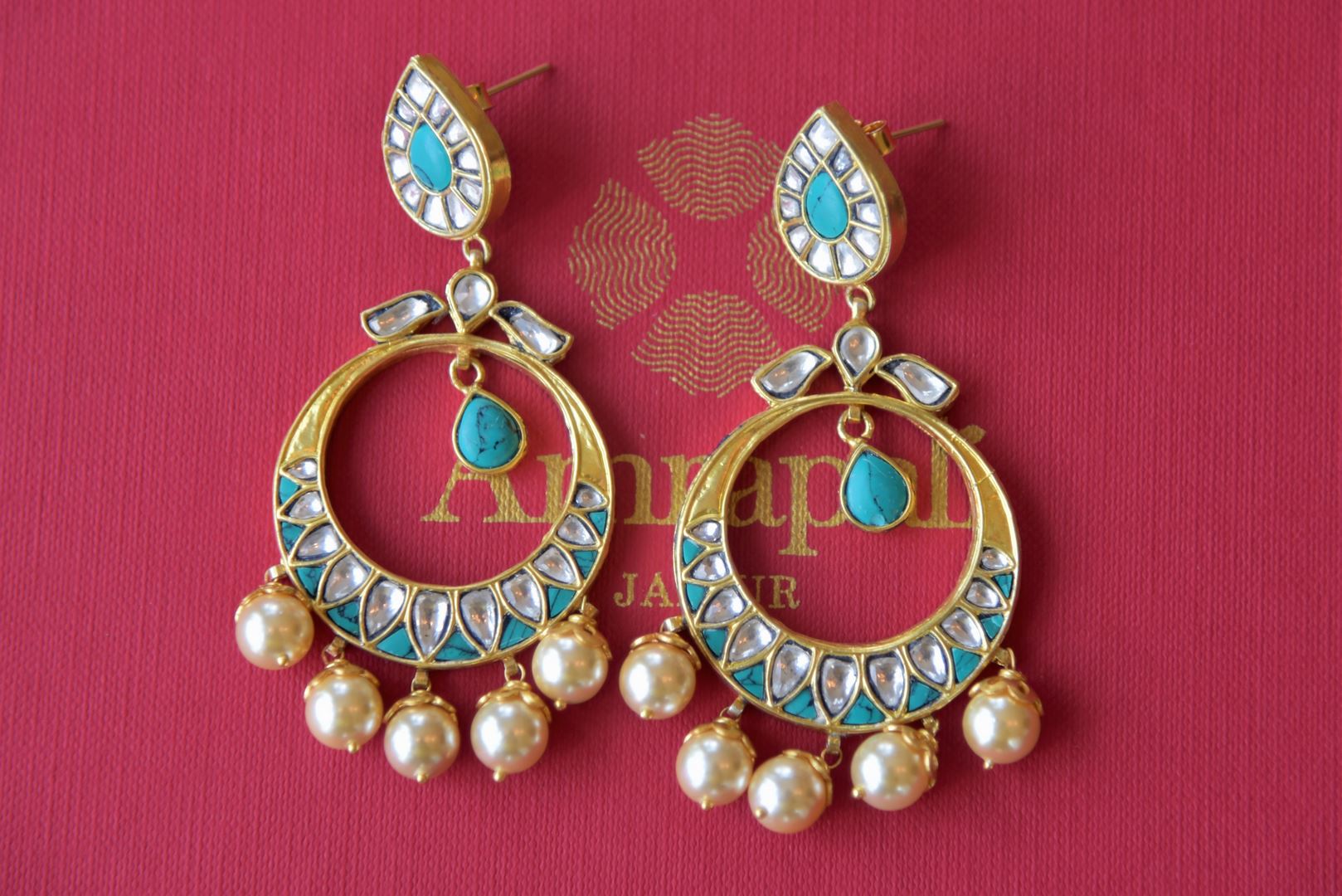 Buy Amrapali silver gold plated glass chandbali online in USA with pearl drops. Find an exquisite collection of handcrafted silver gold plated jewelry in USA at Pure Elegance Indian fashion store. Complete your festive look with traditional Indian jewellery, silver gold plated earrings, silver jewellery from our online store.-flatlay