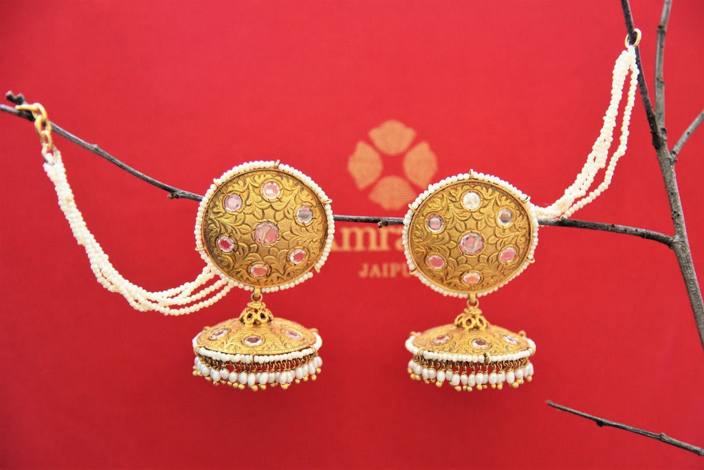 Shop silver gold plated jhumki earrings with ear chain online in USA by Amrapali. Find an exquisite collection of handcrafted Indian jewellery in USA at Pure Elegance Indian fashion store. Complete your festive look with beautiful silver gold plated necklaces, silver gold plated earrings, silver jewelry from our online store.-front