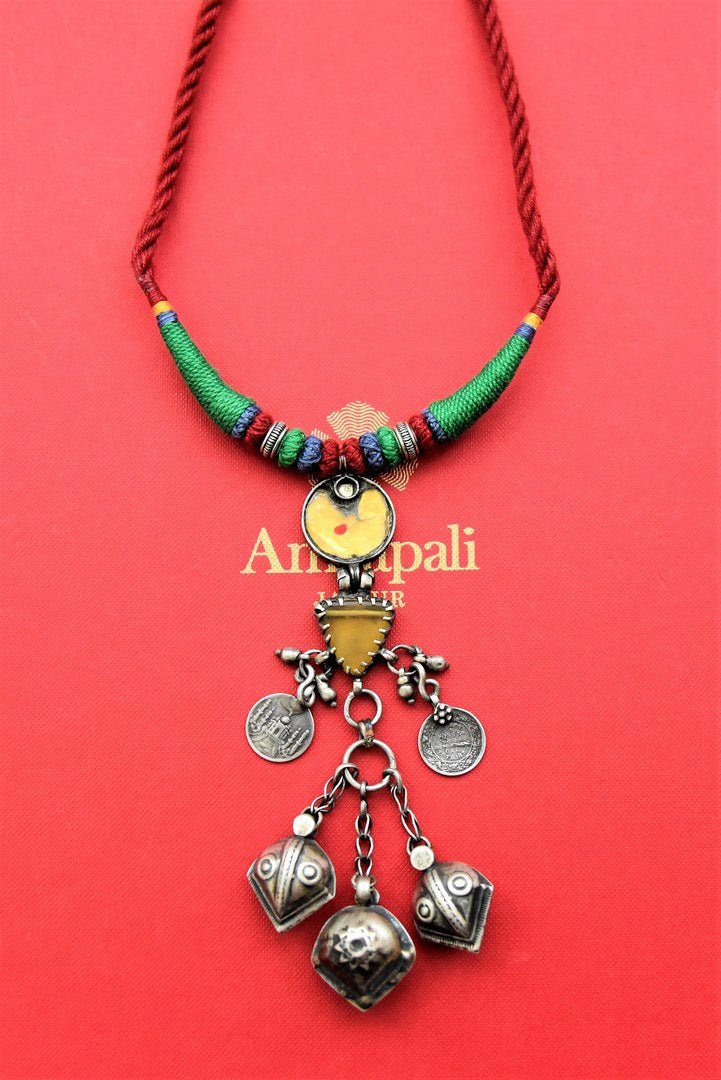 Shop beautiful antique silver glass multicolor thread necklace online in USA. Look beautiful in Indian jewelry, gold plated jewelry , silver jewelry, gold plated earrings, wedding jewellery from Pure Elegance Indian fashion store in USA.-full view