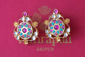 Buy Amrapali silver gold plated pink and white glass earrings with turquoise online in USA. Find an exquisite collection of handcrafted silver gold plated jewelry in USA at Pure Elegance Indian fashion store. Complete your festive look with traditional Indian jewellery, silver gold plated earrings, silver jewelry from our online store.-flatlay