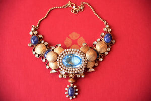Buy Amrapali silver gold-plated lapis and glass statement necklace online in USA from Pure Elegance. Complete your traditional look with an exclusive collection of Indian traditional jewelry, silver gold plated necklaces, wedding jewelry available at our exclusive Indian fashion store in USA and also on our online store. Shop now.-flatlay