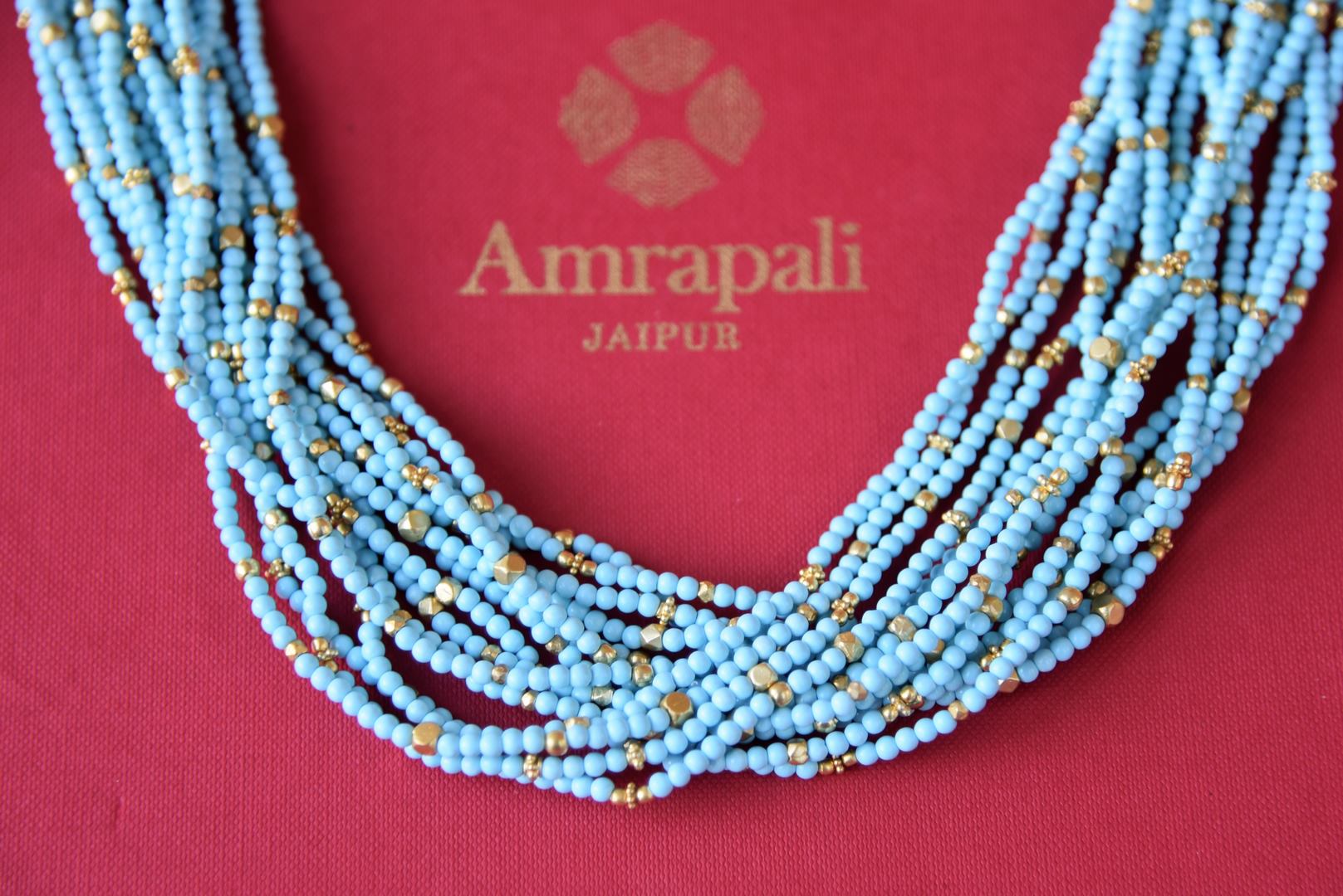 Buy Amrapali silver gold plated turquoise beads multi strings necklace online in USA. Add spark to your ethnic attires with beautiful Indian silver gold plated jewelry, wedding jewellery, silver necklaces from Pure Elegance Indian fashion store in USA.-front
