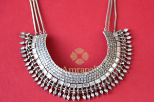 Shop Amrapali stunning silver glass necklace online in USA. Add spark to your ethnic attires with beautiful Indian silver gold plated jewelry, wedding jewellery, silver necklaces from Pure Elegance Indian fashion store in USA.-flatlay