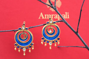 Shop silver gold plated blue enamel round earrings online in USA. Find an exquisite collection of handcrafted Indian jewelry in USA at Pure Elegance Indian fashion store. Complete your festive look with beautiful silver gold plated necklaces, silver gold plated earrings, silver jewelry from our online store.-front