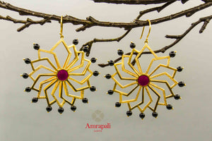 Shop Amrapali silver gold plated flower earrings online in USA with black beads. Raise your traditional fashion quotient on special occasions with exquisite Indian jewelry from Pure Elegance Indian clothing store in USA. Enhance your look with silver gold plated jewelry, fashion jewelry available online.-front