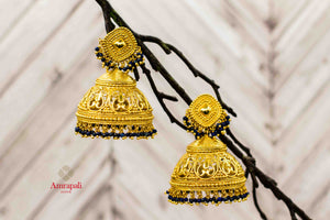 Shop Amrapali silver gold plated heavy jhumka earrings online in USA with blue beads. Complete your ethnic look with traditional Indian silver gold plated jewelry from Pure Elegance Indian fashion store in USA. Shop gold plated necklaces, wedding jewelry for Indian brides in USA from our online store.-front