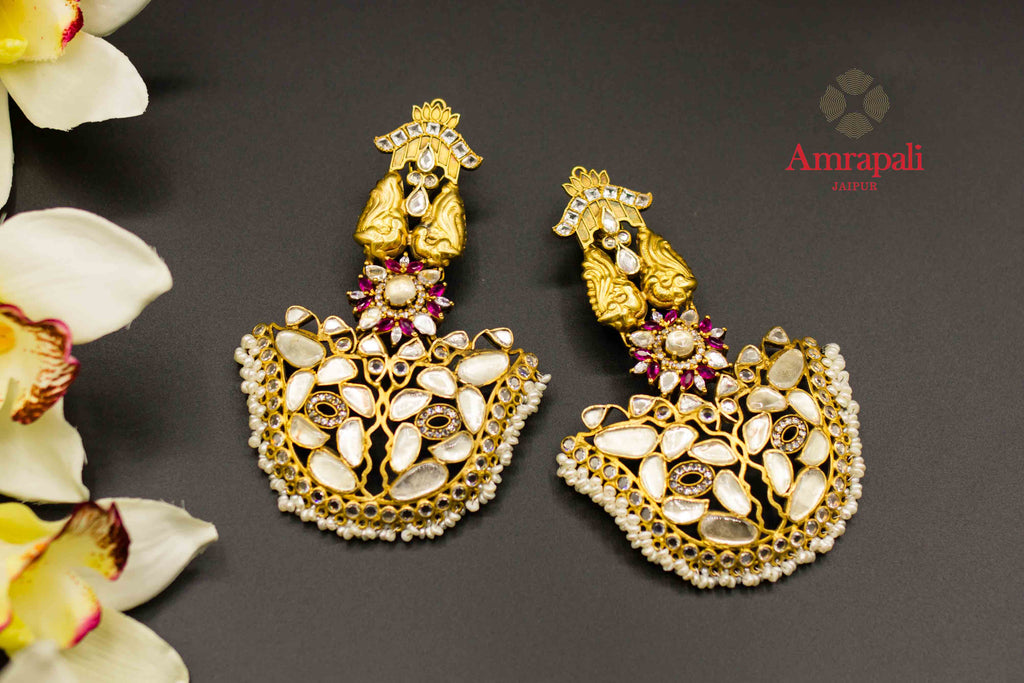 Buy silver gold plated Amrapali glass earrings online in USA with pearl beads. Raise your ethnic style quotient on special occasions with exquisite Indian jewelry from Pure Elegance Indian clothing store in USA. Enhance your Indian look with silver gold plated jewelry, necklaces, silver jewelry available online.-flatlay