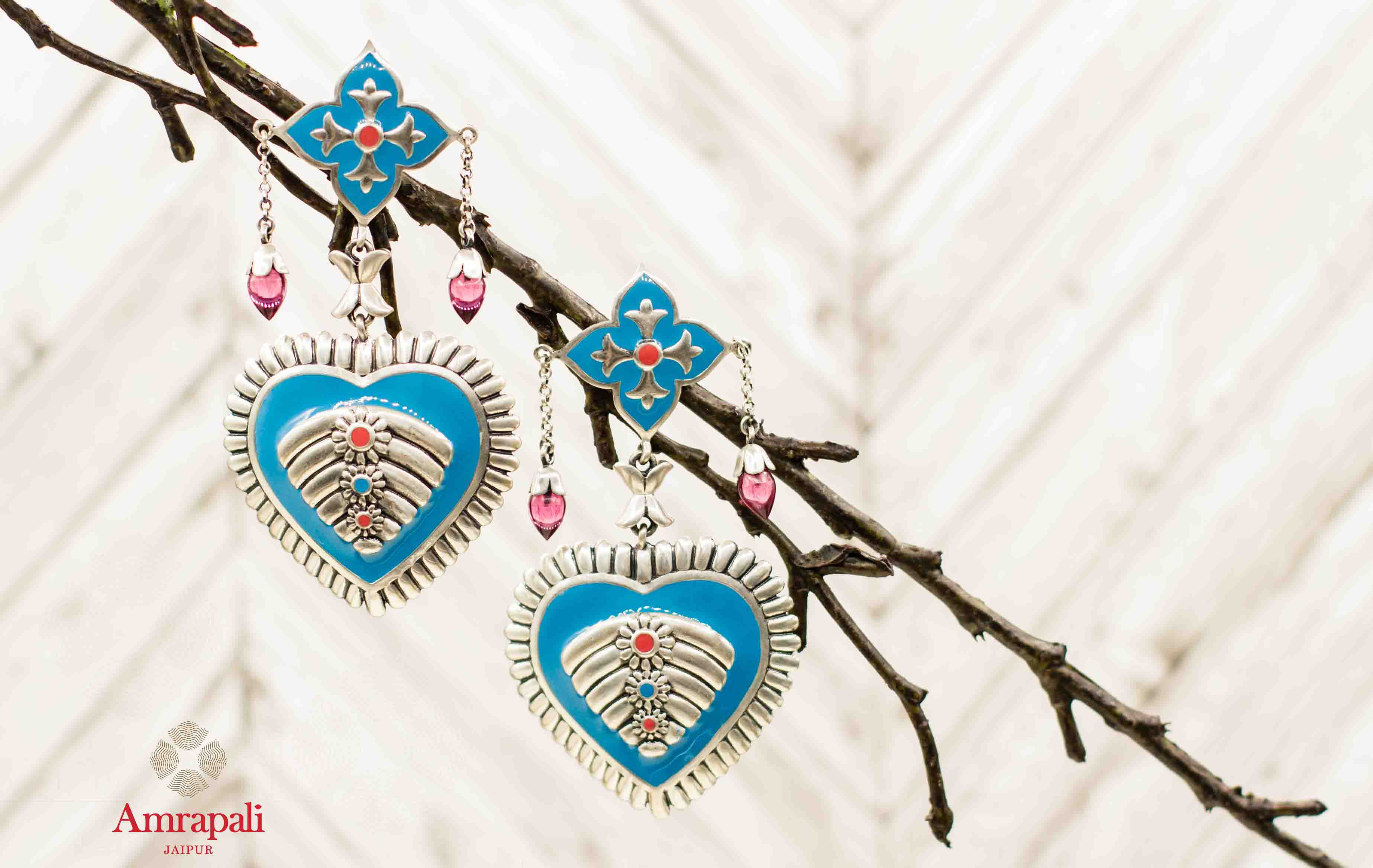 Buy Amrapali blue enamel heart shape silver earrings online in USA. Complete your ethnic look with traditional Indian silver gold plated jewelry from Pure Elegance Indian fashion store in USA. Shop gold plated necklaces, wedding jewelry for Indian brides in USA from our online store.-front