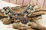 Shop Amrapali traditional silver Guttapusalu necklace online in USA with pearls. Complete your ethnic look with traditional Indian silver gold plated jewelry from Pure Elegance Indian fashion store in USA. Shop gold plated necklaces, wedding jewelry for Indian brides in USA from our online store.-flatlay