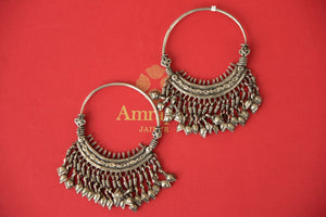 Shop Amrapali oxidized silver hoop earrings online in USA. Enhance your ethnic style with exquisite Indian jewelry from Pure Elegance Indian fashion store in USA. Pick from a range of stunning silver gold plated earrings, silver gold plated necklaces, silver jewelry for a perfect finishing.-front