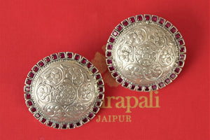 Buy engraved flower design Amrapali silver stud earrings online in USA. Enhance your ethnic style with exquisite Indian jewelry from Pure Elegance Indian fashion store in USA. Pick from a range of stunning silver gold plated earrings, silver gold plated necklaces, silver jewelry for a perfect finishing to your ethnic..-front