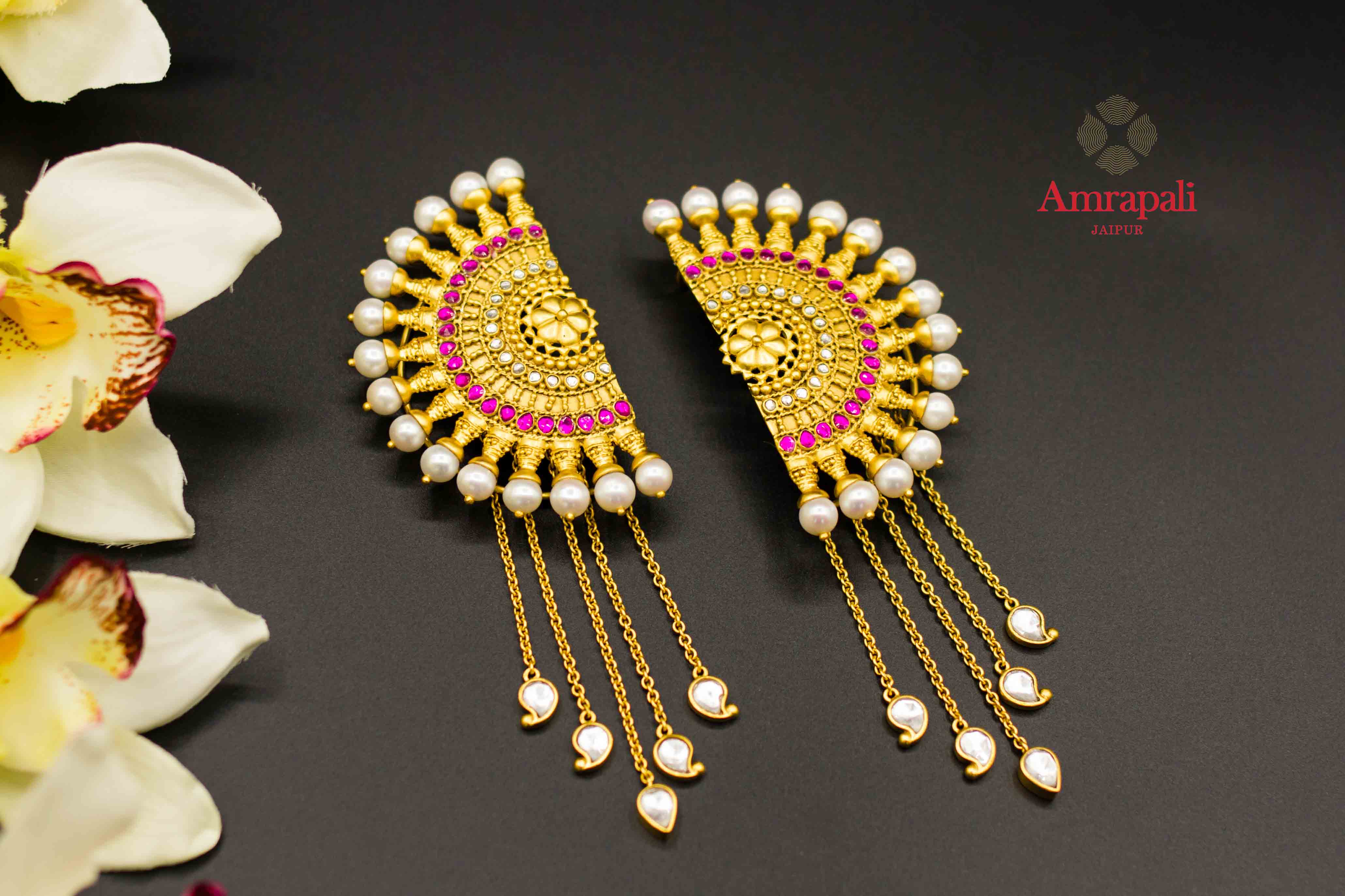 Buy Amrapali silver gold plated chakra ambi ear cuffs online in USA. Raise your ethnic style quotient on special occasions with exquisite Indian jewelry from Pure Elegance Indian clothing store in USA. Enhance your Indian look with silver gold plated jewelry, necklaces, fashion jewelry available online.-flatlay