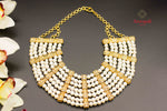 Buy Amrapali silver gold plated multi-strand pearl necklace online in USA. Raise your ethnic style quotient on special occasions with exquisite Indian jewelry from Pure Elegance Indian clothing store in USA. Enhance your Indian look with silver gold plated jewelry, necklaces, fashion jewelry available online.-flatlay