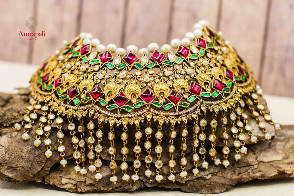 Buy Amrapali heavy silver gold plated kundan pearl bridal choker necklace online in USA with multicolor stones. Complete your ethnic look with traditional Indian jewelry from Pure Elegance Indian fashion store in USA. Shop silver jewelry, wedding jewelry for Indian brides in USA from our online store.front