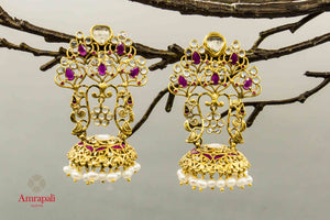 Buy Amrapali silver gold plated glass pearl filigree earrings online in USA with jhumki. Raise your traditional fashion quotient on special occasions with exquisite Indian jewelry from Pure Elegance Indian clothing store in USA. Enhance your look with silver gold plated jewellery, silver jewellery available online.-front