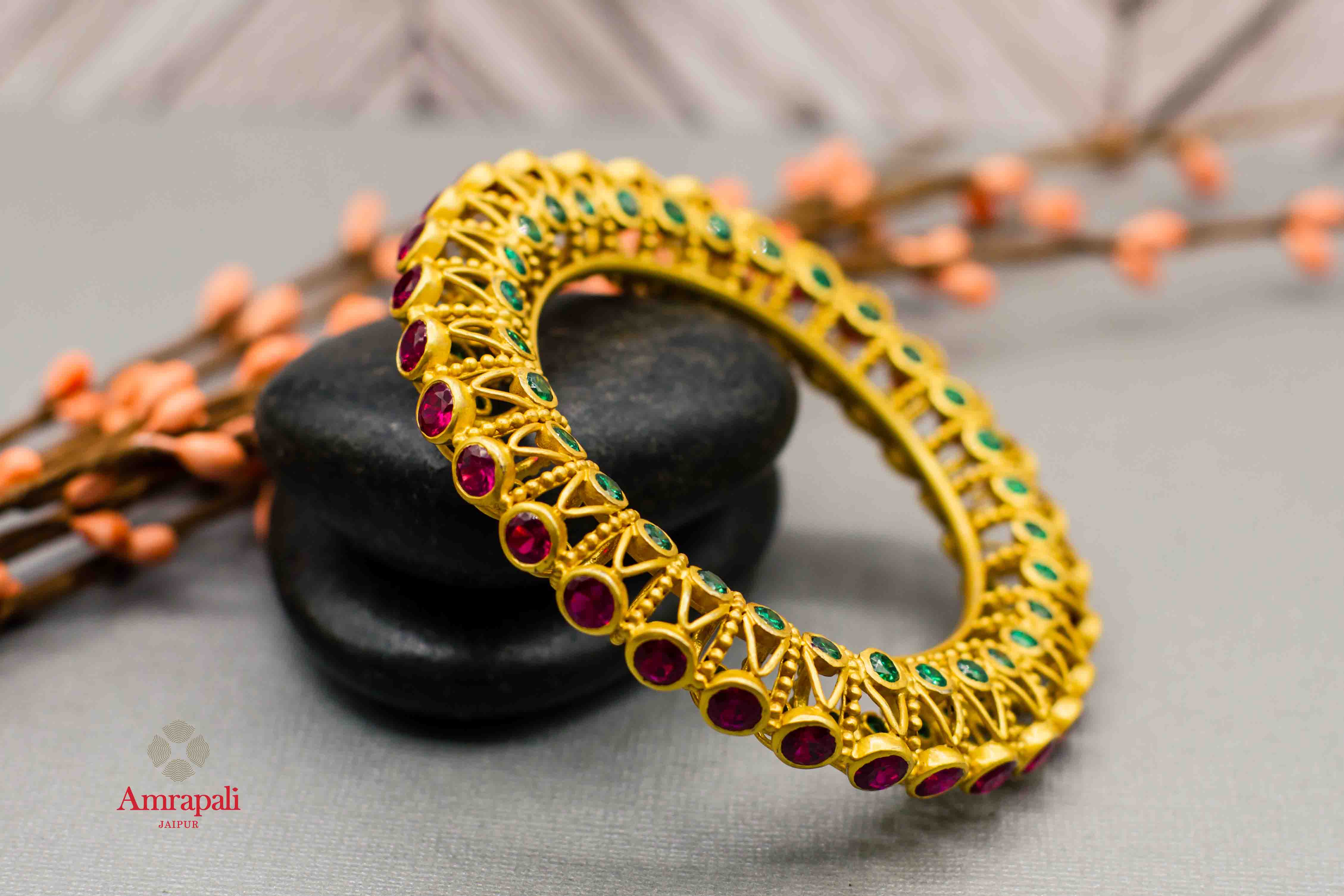 Buy Amrapali colored stones silver gold plated bangle online in USA. Complete your ethnic look with traditional Indian jewelry from Pure Elegance Indian fashion store in USA. Shop silver jewelry, wedding jewelry for Indian brides in USA from our online store.-front